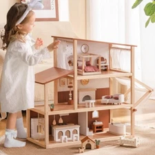 Robud 3-Story Bohemian Style Dollhouse with 37 pcs Furniture Wooden Dolls House
