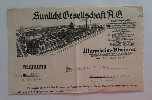 Sunlight Gesellschaft A.G. Rechnung Factura 11.03.1926 Firmenpapier