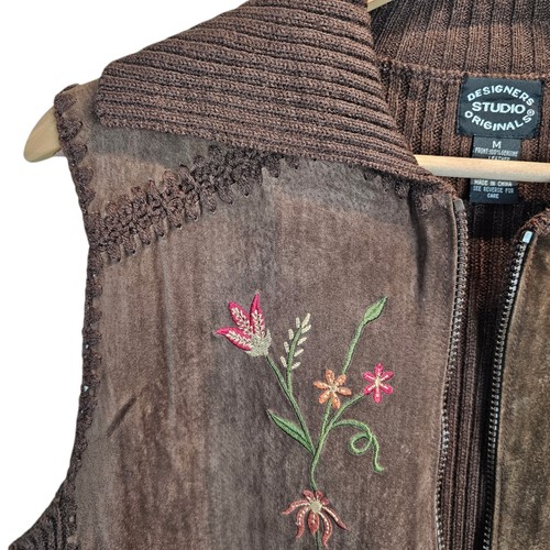 Vintage Brown Suede Embroidered Floral Vest Women's Size Medium Ribbed Knit 90s - Picture 10 of 11