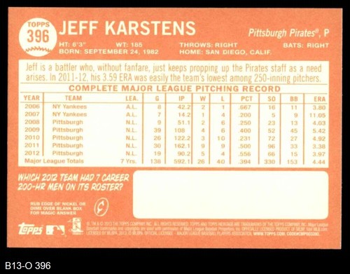 2013 Topps Heritage #396 Jeff Karstens Pirates 8 - NM/MT - Picture 2 of 2