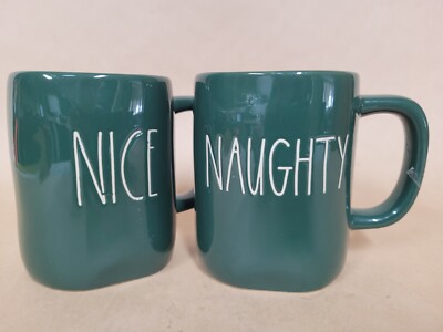 Rae Dunn Artisan Collection NAUGHTY & NICE Coffee Mugs (Set of 2) Green