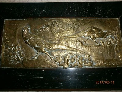 A.CAIN/BARELIEF BRONZE/ FAISANS ROYAL / ENCADRE / SIGNE /9,5x22cm/TOTAL17x30cm - Photo 1/4