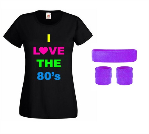 LADIES I LOVE THE 80S TSHIRT HEADBAND & WRISTBAND SET NEON PARTY DISCO FASHION - Picture 4 of 10