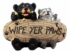 Ebros Gift Black Bear and Raccoon Feasting On Honey Welcome Statue Wipe 13" Long
