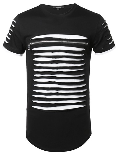 FashionOutfit Men's Cut Out Unique Design Front Zipper Short Sleeves Tee Shirt - Picture 5 of 10