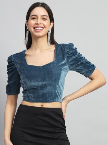 Readymade Solid Velvet Saree Blouse Sweetheart Neck Puff Sleeves Crop Top - Picture 28 of 40