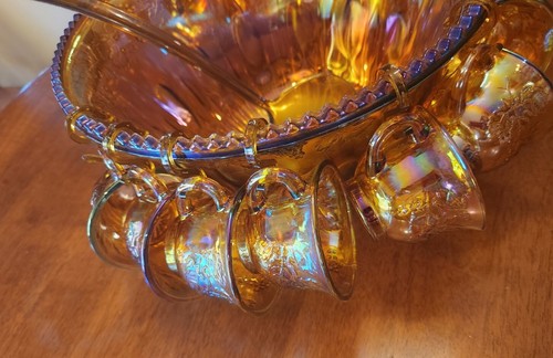 Carnival Indiana Glass Punch Bowl 12 Cups Iridescent Amber Vintage hooks ladle - Picture 2 of 9
