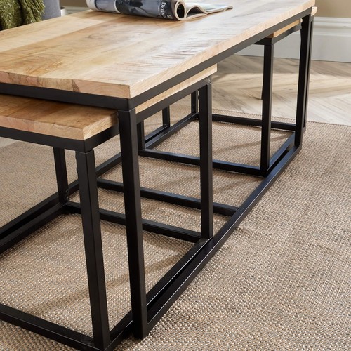 Nest 3 Tables Solid Mango Wood Black Iron Legs Home Living Furniture Storage - Picture 10 of 11