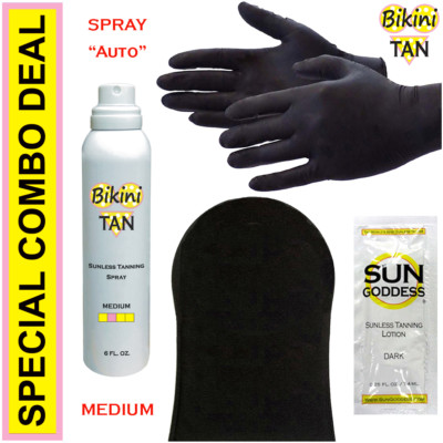 BIKINI TAN - Sunless Self Tanning Spray (Auto)  MEDIUM - 6 oz + Best Tanner Mitt