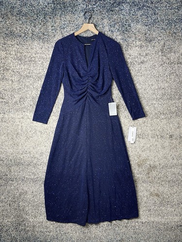 Maggy London Keyhole Neck Long Sleeve Cocktail Dress in Navy Size Dress 10 - Picture 2 of 8