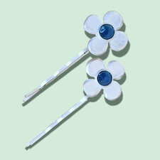 Vintage 1980's Silver Flower Bobby Pins with Aqua Blue Center - Made in UK