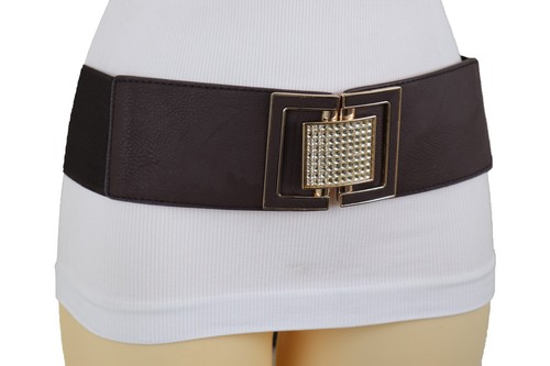 Women Brown Elastic Waistband Fancy Fashion Belt Gold Square Bling Buckle S M - Picture 13 of 24