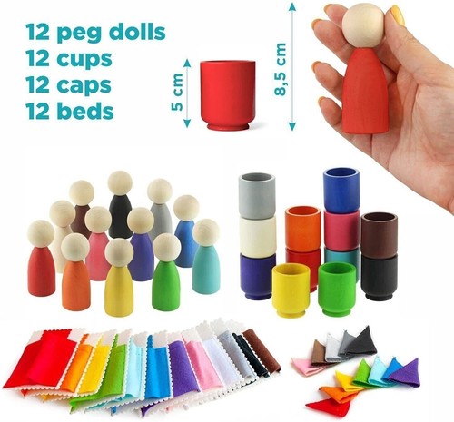 Ulanik Large Peg Dolls in Cups with Hats & Beds Toddler Montessori Toys for... - Picture 3 of 5
