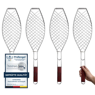 VonBueren 4 x Fisch-Grillhalter mit Holzgriff | 63x16 cm | Fischgrillgitter | Fi