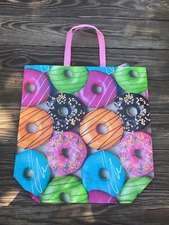 LARGE MAX ADAMS DONUTS 🍩 Vinyl Reusable Shopping Tote Bag COLORFUL 12x13