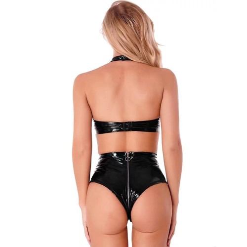 Sexy Mujeres Lencería de Cuero Sujetador y Briefs Conjuntos Mujeres Erótico Halter Vendaje Lencería - Imagen 9 de 11