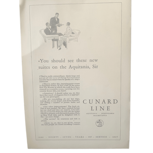 Anuncio publicitario vintage de 1927 Cunard Line nuevas suites en Aquitania - Imagen 3 de 4