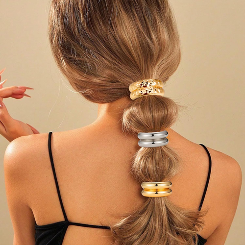 Metal Hair Ties, Gold Silvery Metal Geometric Elastic Hair Ties, Hair Cuff Wrap - Picture 5 of 6