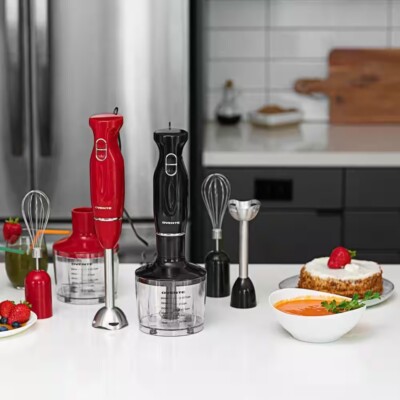 2-Speed Red Hand Immersion Blender Set: Whisk, Beaker