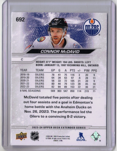 CONNOR McDAVID 23/24 2023 2024 Upper Deck UD Extended All-Star Base Card #692 - Picture 2 of 2