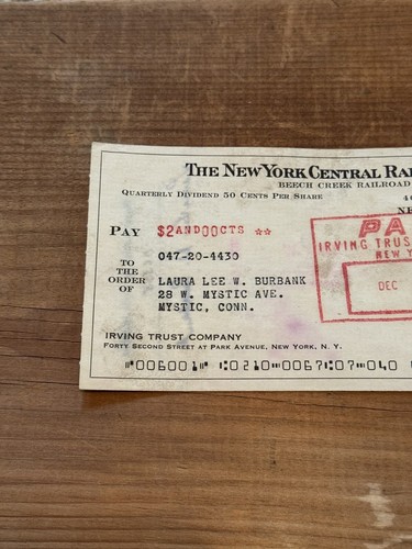 1966 NEW YORK CENTRAL RAILROAD DIVIDEND CHECK - Picture 2 of 6