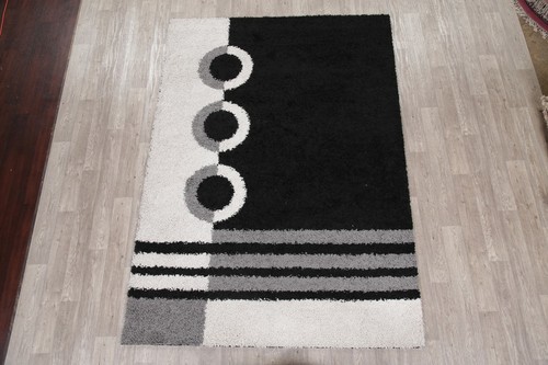 Oriental Geometric Panel Area Rug Shaggy Black-White Carpet 5x7 & 6x6 & 6x9 - Picture 8 of 12