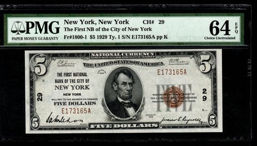 PMG 64 EPQ 1929 Ty. 1 $5 The First National Bank of the City of New York Ch #29 - Picture 4 of 4