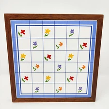 Vtg 90s Hallmark Crowning Touch 6" Tile Trivet Wood Frame Painted Flowers Japan