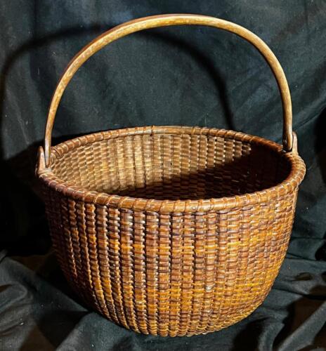 Antique Old American Folk Art Nantucket Lightship Handled Round Basket Americana
