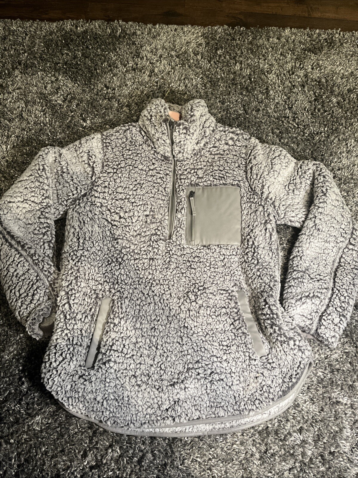 Abercrombie & Fitch Womens Gray Sherpa Vegan Leather Trim Quarter Zip Pullover