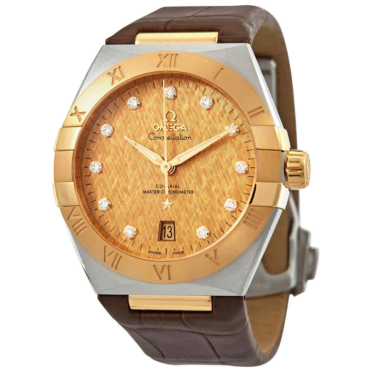 Мужские часы Omega Constellation с автоматическим бриллиантовым циферблатом цвета шампанского 13123392058001