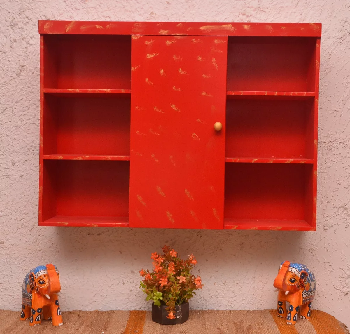 Red Painted Cupboard Handmade Wooden Wall Hanging Storage Cabinet Home  Decor