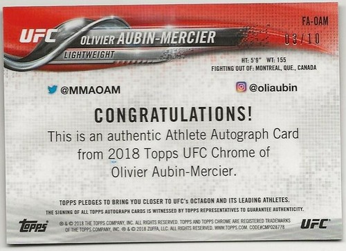 2018 TOPPS UFC Chrome Fighter autógrafo negro Fa-Oam Olivier Aubin-Mercier 03/10 - Imagen 2 de 3