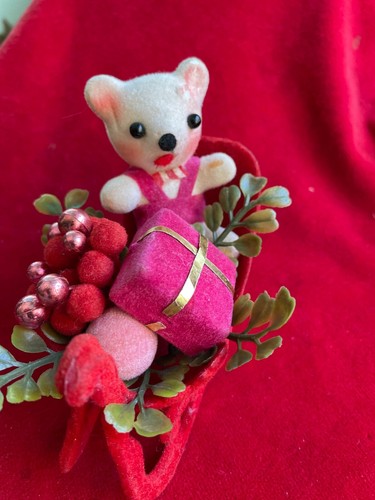 VINTAGE FLOCKED CHRISTMAS TEDDY BEAR and Flocked Sleigh Christmas - Picture 3 of 12