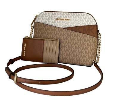 #ad MICHAEL KORS JET SET TRAVEL DOME SHOULDER CROSSBODY BAG WALLET MK CAMEL MULTI