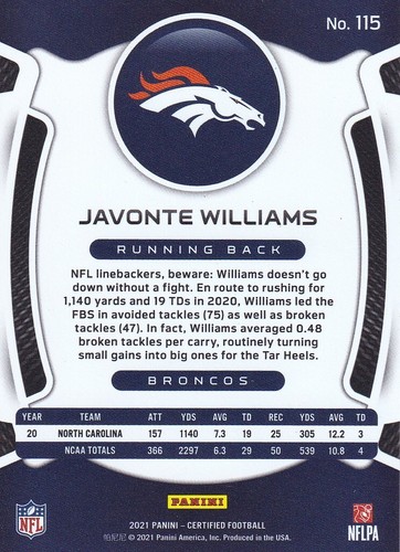 Tarjeta de novato Javonte Williams Pink Mirror 2021 certificada 029/199 ¡Denver Broncos! - Imagen 2 de 3
