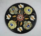 Round Black Marble Table Top Gemstone Inlay Floral Art Luxury Farmhouse Decors