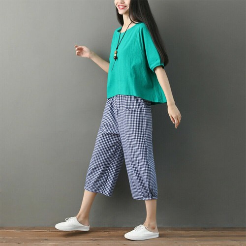 Ladies Linen Check Tapered Capri Pants Shorts Pocket Ethnic 3/4 Trousers Fashion - Picture 9 of 15