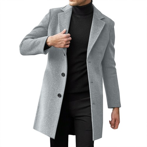 Men Single Breasted Trench Coat Pea Coat Notch Lapel Long Casual Overcoat - Picture 14 of 31
