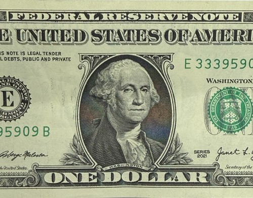 Quad with Two Triples 3's, 9's Fancy Serial Number One Dollar Bill - E33395909B - Picture 3 of 6