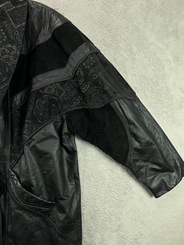 VTG 80s Outbrook Leather Trench Coat Car Jacket Navajo Tribal Large Petite Black - Picture 6 of 19