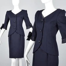 XS Scaasi Navy Blue Cotton Skirt Suit Short Sleeve Jacket Hourglass Separates