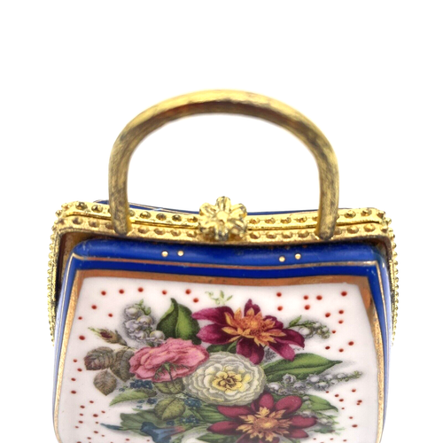 Vtg Trinket Box Purse My Treasure Porcelain 22k Gold Trim Blue w/Floral Center - Picture 7 of 9