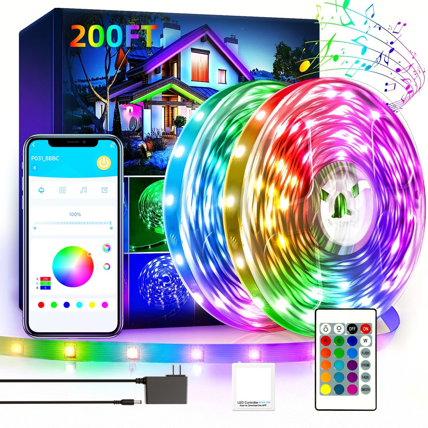 200 Ft LED Strip Lights, Smart Light with App Remote Control, RGB LED 2ROLL100ft