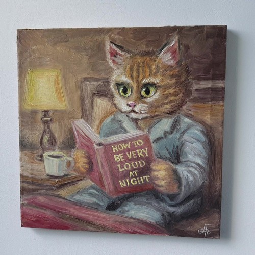 Original Oil Cat Reading Book Painting Canvas Funny Animal Art Humor Wall Decor - Picture 23 of 24