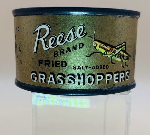 REESE BRAND FRIED GRASSHOPPERS COLLECTIBLE ADVERTISING TIN CAN & LABEL - Picture 3 of 6