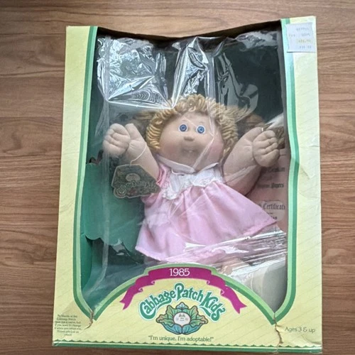 Cabbage Patch Kids Play Doll Blonde Curly Hair Pink Dress 1985 Original Box
