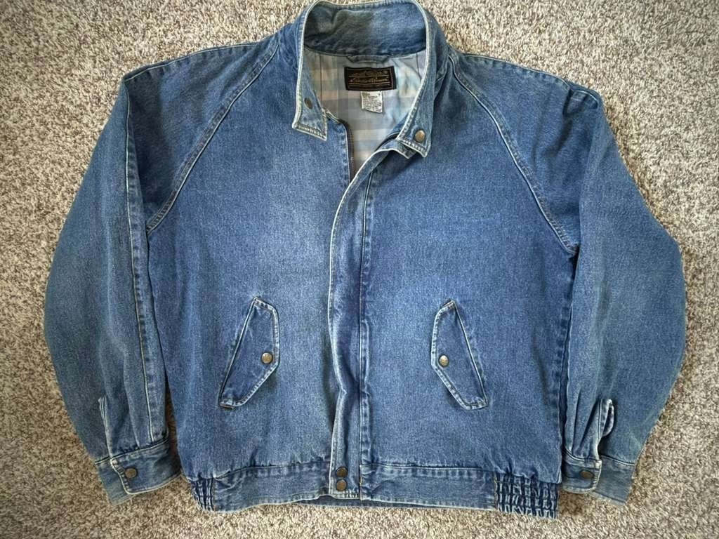 Vintage Eddie Bauer Denim Bomber Jacket - Size Large Rugged