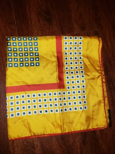 Vintage 26" Ashear Silk Scarf Hand Rolled Italy Yellow Gold Red Blue Geometric - Picture 7 of 11
