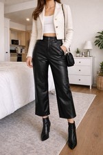 Women  s Faux Leather Cropped Full Leg Pants Womens Size S Black High Rise New